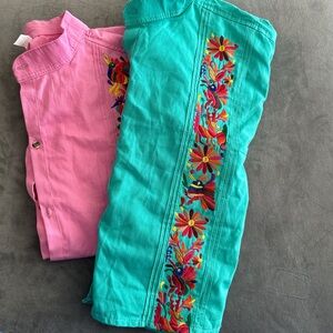 Embroidered Button Down Shirt - Pink and Green